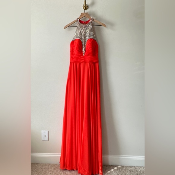 Cinderella Divine Beautiful Bright Coral & Rhinestone Embellished Formal Gown 4 - Picture 6 of 8